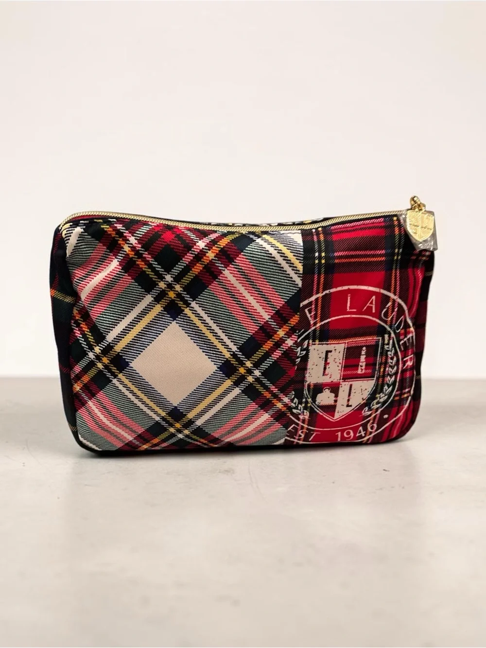 Estee Lauder Navy, Cream and Gold Plaid Cosmetic Pouch with Crest